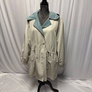 British Mist Trench Coat Womens Size Large Beige Green Hooded Lightweight Jacket